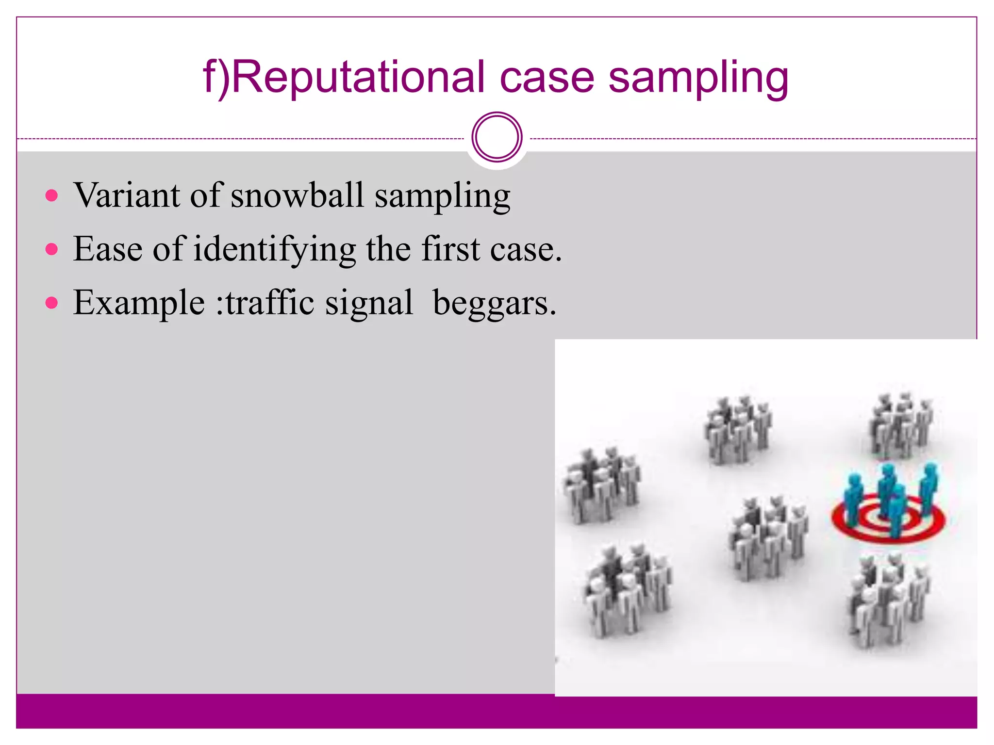 f)Reputational case sampling
 Variant of snowball sampling
 Ease of identifying the first case.
 Example :traffic signal beggars.
 