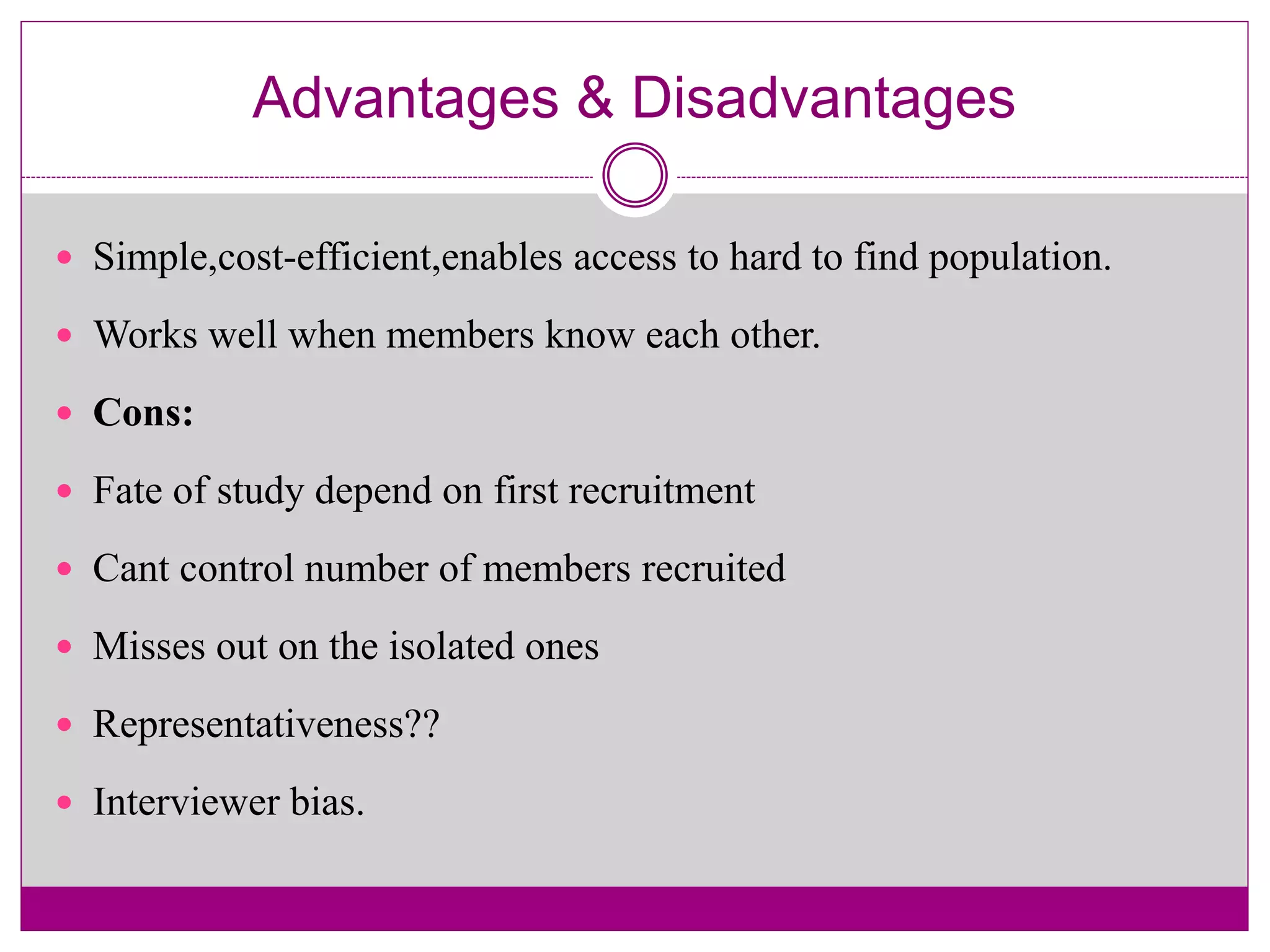 Advantages & Disadvantages
 Simple,cost-efficient,enables access to hard to find population.
 Works well when members know each other.
 Cons:
 Fate of study depend on first recruitment
 Cant control number of members recruited
 Misses out on the isolated ones
 Representativeness??
 Interviewer bias.
 