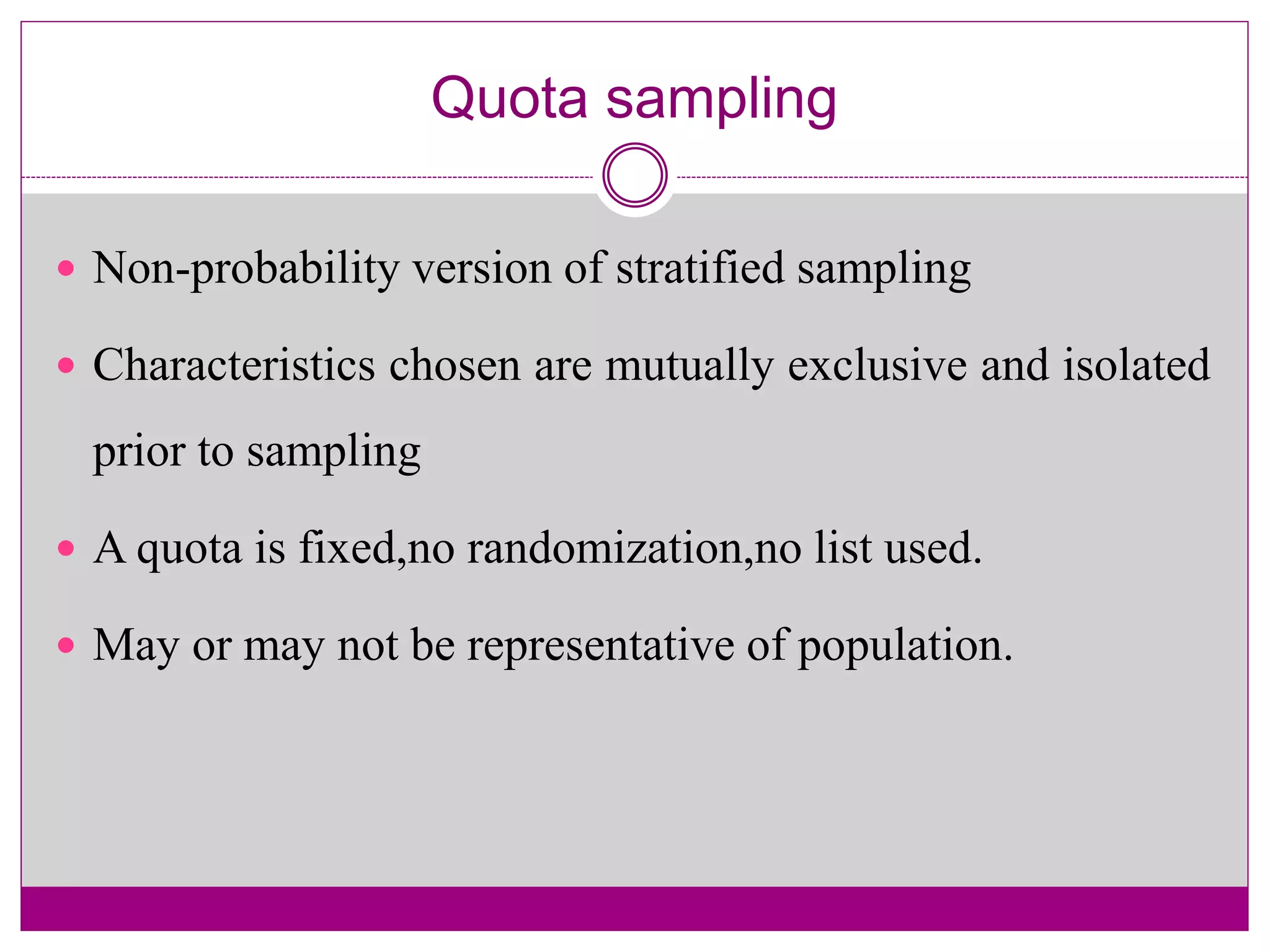 Quota sampling
 Non-probability version of stratified sampling
 Characteristics chosen are mutually exclusive and isolated
prior to sampling
 A quota is fixed,no randomization,no list used.
 May or may not be representative of population.
 