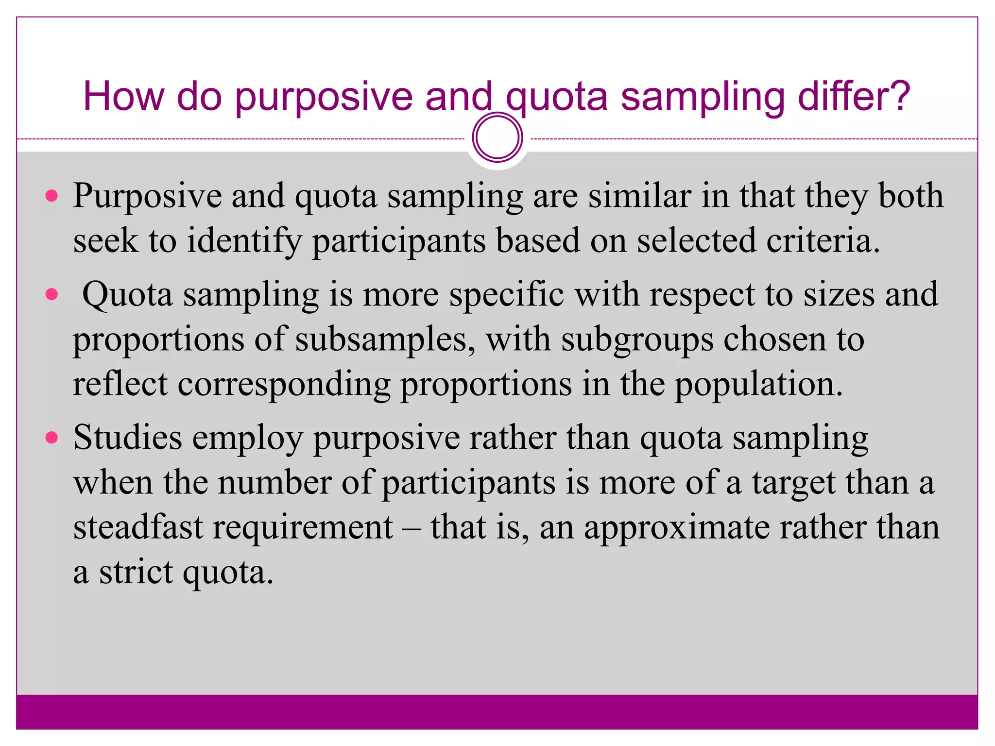 How do purposive and quota sampling differ?
 Purposive and quota sampling are similar in that they both
seek to identify participants based on selected criteria.
 Quota sampling is more specific with respect to sizes and
proportions of subsamples, with subgroups chosen to
reflect corresponding proportions in the population.
 Studies employ purposive rather than quota sampling
when the number of participants is more of a target than a
steadfast requirement – that is, an approximate rather than
a strict quota.
 