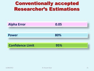 Conventionally accepted
             Researcher’s Estimations


   Alpha Error                          0.05

   Power                                80%

    Confidence Limit                    95%




12/08/2012             Dr. Kusum Gaur          21
 