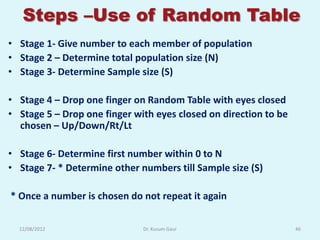 Steps –Use of Random Table
• Stage 1- Give number to each member of population
• Stage 2 – Determine total population size (N)
• Stage 3- Determine Sample size (S)

• Stage 4 – Drop one finger on Random Table with eyes closed
• Stage 5 – Drop one finger with eyes closed on direction to be
  chosen – Up/Down/Rt/Lt

• Stage 6- Determine first number within 0 to N
• Stage 7- * Determine other numbers till Sample size (S)

* Once a number is chosen do not repeat it again

  12/08/2012                  Dr. Kusum Gaur                      46
 