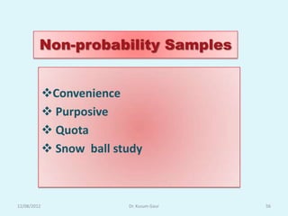 Non-probability Samples


             Convenience
              Purposive
              Quota
              Snow ball study



12/08/2012                 Dr. Kusum Gaur   56
 