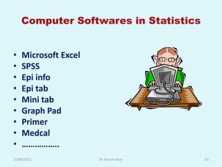 Computer Softwares in Statistics


•   Microsoft Excel
•   SPSS
•   Epi info
•   Epi tab
•   Mini tab
•   Graph Pad
•   Primer
•   Medcal
•   ……………..
12/08/2012            Dr. Kusum Gaur   63
 