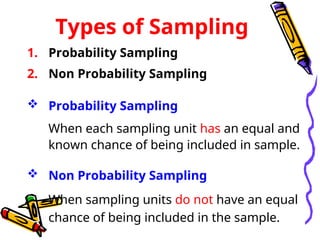 Types of Sampling
1. Probability Sampling
2. Non Probability Sampling
 Probability Sampling
When each sampling unit has an equal and
known chance of being included in sample.
 Non Probability Sampling
When sampling units do not have an equal
chance of being included in the sample.
 