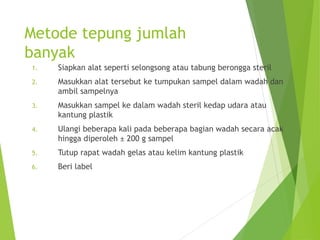Metode tepung jumlah
banyak
1. Siapkan alat seperti selongsong atau tabung berongga steril
2. Masukkan alat tersebut ke tumpukan sampel dalam wadah dan
ambil sampelnya
3. Masukkan sampel ke dalam wadah steril kedap udara atau
kantung plastik
4. Ulangi beberapa kali pada beberapa bagian wadah secara acak
hingga diperoleh ± 200 g sampel
5. Tutup rapat wadah gelas atau kelim kantung plastik
6. Beri label
 