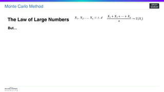 Monte Carlo Method
GROOT
SEMINAR
The Law of Large Numbers
𝑋1 + 𝑋2 + ⋯ + 𝑋𝑛
𝑛
→ 𝔼[𝑋𝑖]𝑋1,  𝑋2, …,  𝑋𝑛 : 𝑖 . 𝑖 . 𝑑
But…
 