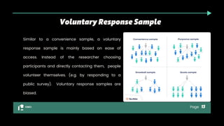 Similar to a convenience sample, a voluntary
response sample is mainly based on ease of
access. Instead of the researcher choosing
participants and directly contacting them, people
volunteer themselves. (e.g. by responding to a
public survey). Voluntary response samples are
biased.
CGCI Page
 