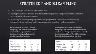 Proportionate stratified random
sampling: The sample chosen from
each stratum is proportionate to
the size of total population with
similar sampling fraction.
Disproportionate stratified random
sampling: The sample chosen from each
stratum is not in proportion to the size of
the total population. The different strata
have dissimilar sampling fraction.
 