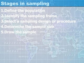 Stages in sampling
1.Define the population
2.Identify the sampling frame
3.Select a sampling design or procedure
4.Determine the sample size
5.Draw the sample
 