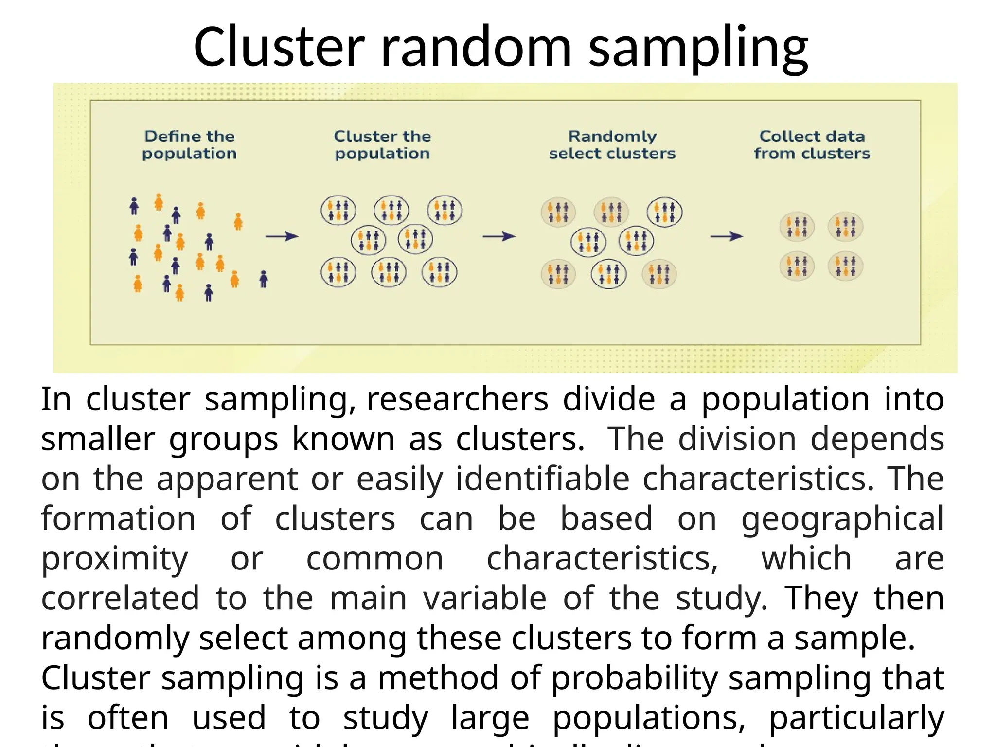 Cluster random sampling
In cluster sampling, researchers divide a population into
smaller groups known as clusters. The division depends
on the apparent or easily identifiable characteristics. The
formation of clusters can be based on geographical
proximity or common characteristics, which are
correlated to the main variable of the study. They then
randomly select among these clusters to form a sample.
Cluster sampling is a method of probability sampling that
is often used to study large populations, particularly
 
