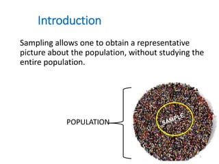 Introduction
Sampling allows one to obtain a representative
picture about the population, without studying the
entire population.
POPULATION
3
 