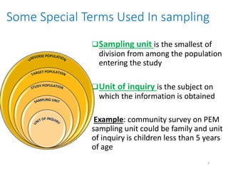 Some Special Terms Used In sampling
Sampling unit is the smallest of
division from among the population
entering the study
Unit of inquiry is the subject on
which the information is obtained
Example: community survey on PEM
sampling unit could be family and unit
of inquiry is children less than 5 years
of age
9
 