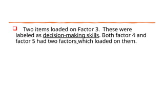  Two items loaded on Factor 3. These were
labeled as decision-making skills. Both factor 4 and
factor 5 had two factors which loaded on them.
 