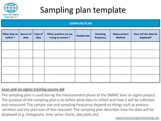 Sampling plan template




Lean and six sigma training course aid
The sampling plan is used during the measurement phase of the DMAIC lean six sigma project.
The purpose of the sampling plan is to define what data to collect and how it will be collected
and measured. The sample size and sampling frequency depend on things such as process
variation and the precision of test required. The sampling plan describes how the data will be
displayed [e.g. histograms, time series charts, box plots etc]
                                                                      www.leansixsigmatraining.net
 