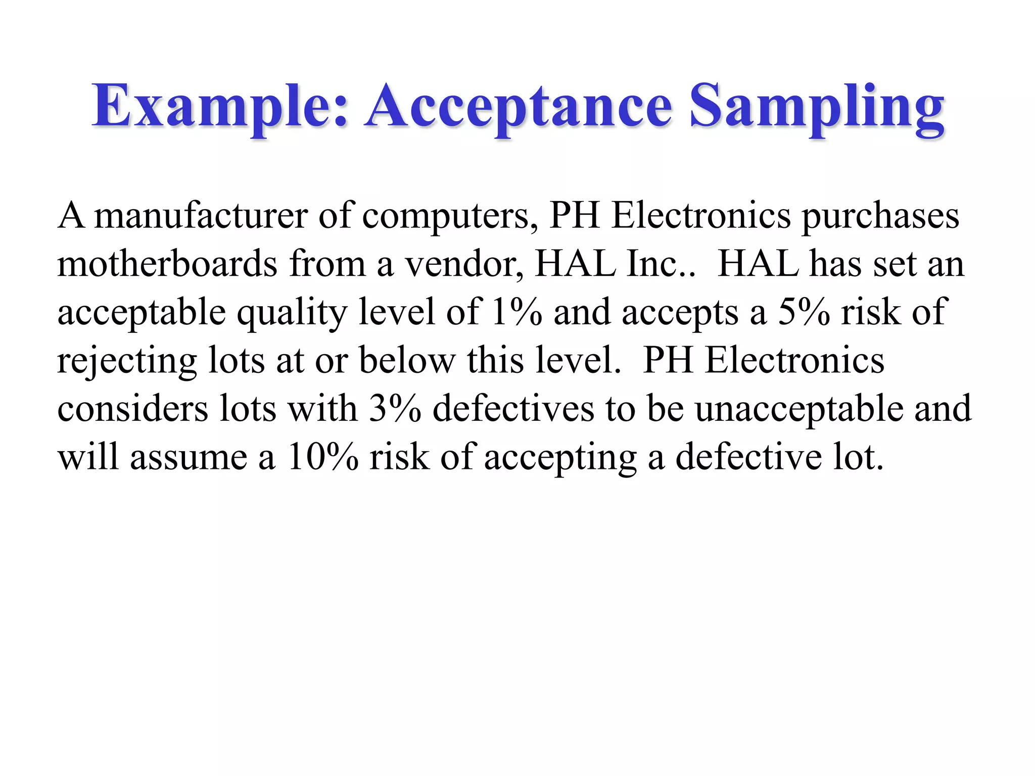 Example: Acceptance Sampling
A manufacturer of computers, PH Electronics purchases
motherboards from a vendor, HAL Inc.. HAL has set an
acceptable quality level of 1% and accepts a 5% risk of
rejecting lots at or below this level. PH Electronics
considers lots with 3% defectives to be unacceptable and
will assume a 10% risk of accepting a defective lot.
 