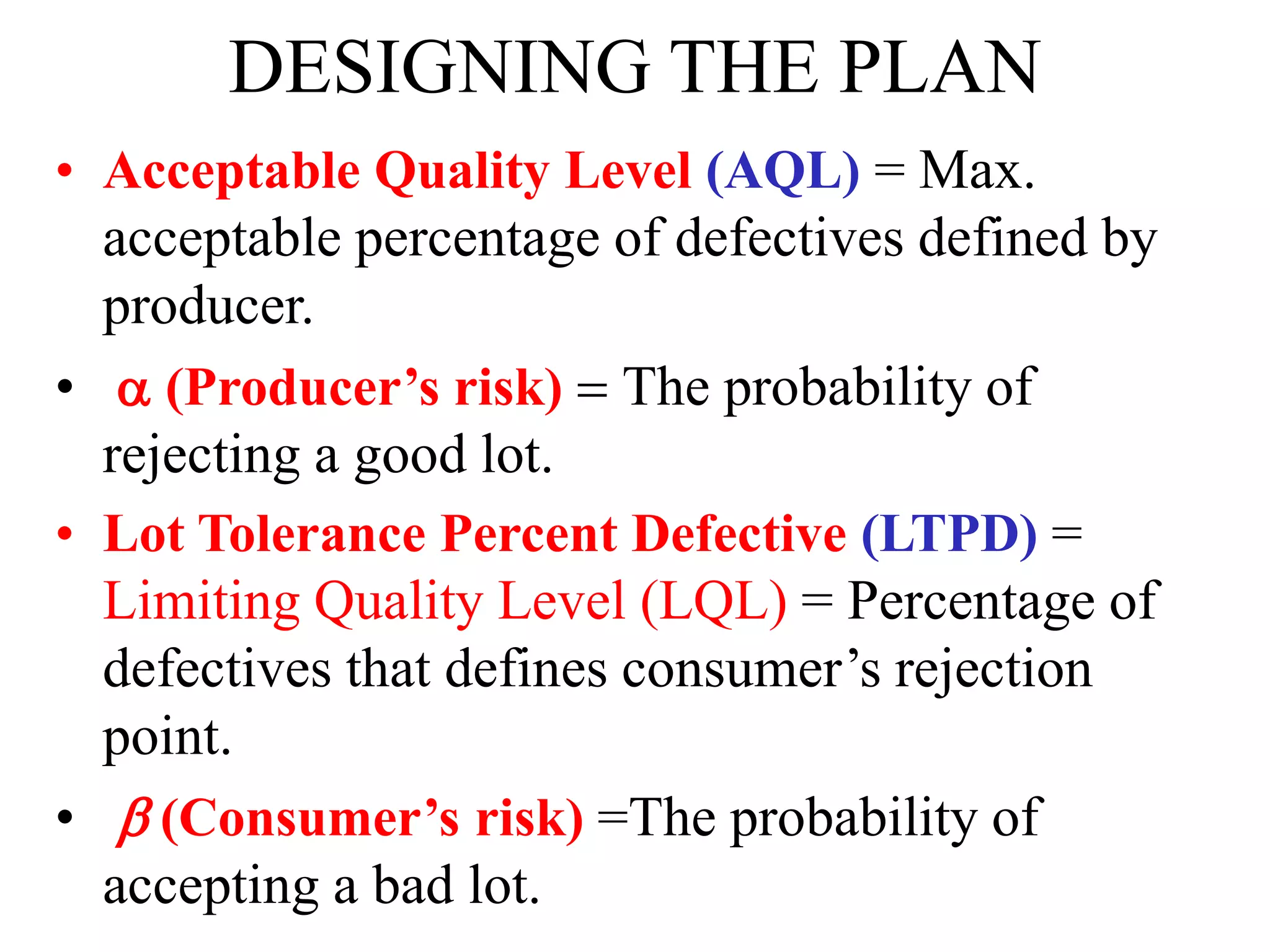 DESIGNING THE PLAN
• Acceptable Quality Level (AQL) = Max.
acceptable percentage of defectives defined by
producer.
• (Producer’s risk) =The probability of
rejecting a good lot.
• Lot Tolerance Percent Defective (LTPD) =
Limiting Quality Level (LQL) = Percentage of
defectives that defines consumer’s rejection
point.
• b (Consumer’s risk) =The probability of
accepting a bad lot.
 
