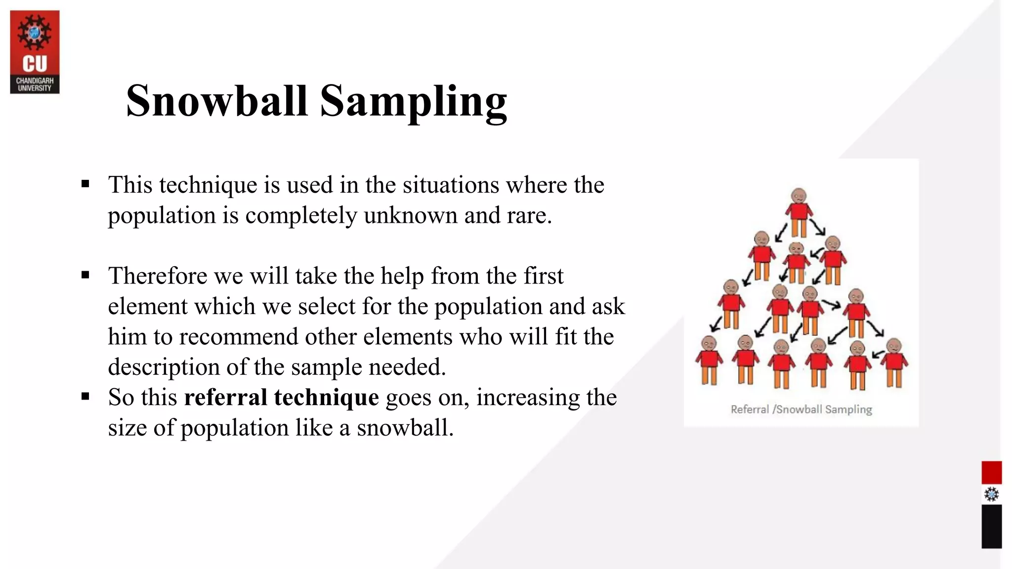 Snowball Sampling
▪ This technique is used in the situations where the
population is completely unknown and rare.
▪ Therefore we will take the help from the first
element which we select for the population and ask
him to recommend other elements who will fit the
description of the sample needed.
▪ So this referral technique goes on, increasing the
size of population like a snowball.
 