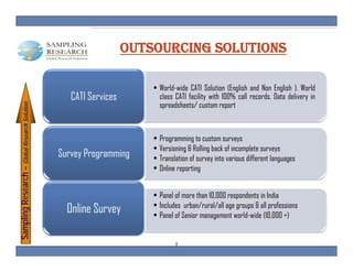 OUTSOURCING SOLUTIONS

                                                                    • World-wide CATI Solution (English and Non English ). World
                                                CATI Services         class CATI facility with 100% call records. Data delivery in
                                                                      spreadsheets/ custom report
   pling Research – Glob Research Solution
                                  S




                                                                    •   Programming to custom surveys
                                                                    •   Versioning & Rolling back of incomplete surveys
                                             Survey Programming
                       bal




                                                                    •   Translation of survey into various different languages
                                                                    •   Online reporting


                                                                    • Panel of more than 10,000 respondents in India
                                                                    • Includes urban/rural/all age groups & all professions
                                               Online Survey        • Panel of Senior management world-wide (10,000 +)
Samp




                                                                              5
 