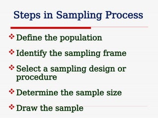 Steps in Sampling Process
Define the population
Identify the sampling frame
Select a sampling design or
procedure
Determine the sample size
Draw the sample
 