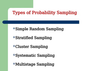 Types of Probability Sampling
Simple Random Sampling
Stratified Sampling
Cluster Sampling
Systematic Sampling
Multistage Sampling
 