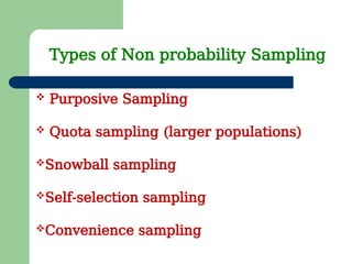 Types of Non probability Sampling
 Purposive Sampling
 Quota sampling (larger populations)
Snowball sampling
Self-selection sampling
Convenience sampling
 