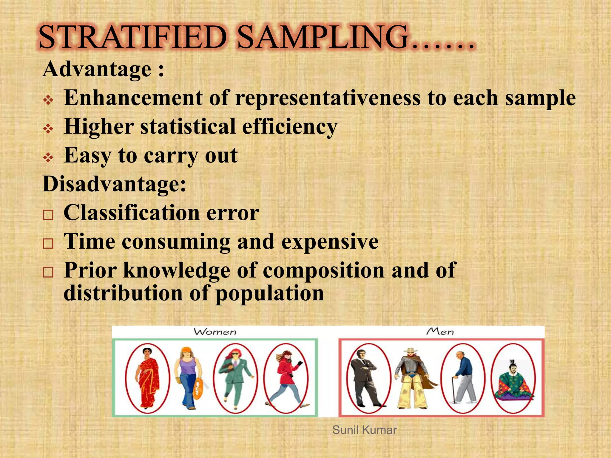 STRATIFIED SAMPLING……
Advantage :
 Enhancement of representativeness to each sample
 Higher statistical efficiency
 Easy to carry out
Disadvantage:
 Classification error
 Time consuming and expensive
 Prior knowledge of composition and of
distribution of population
Sunil Kumar
 