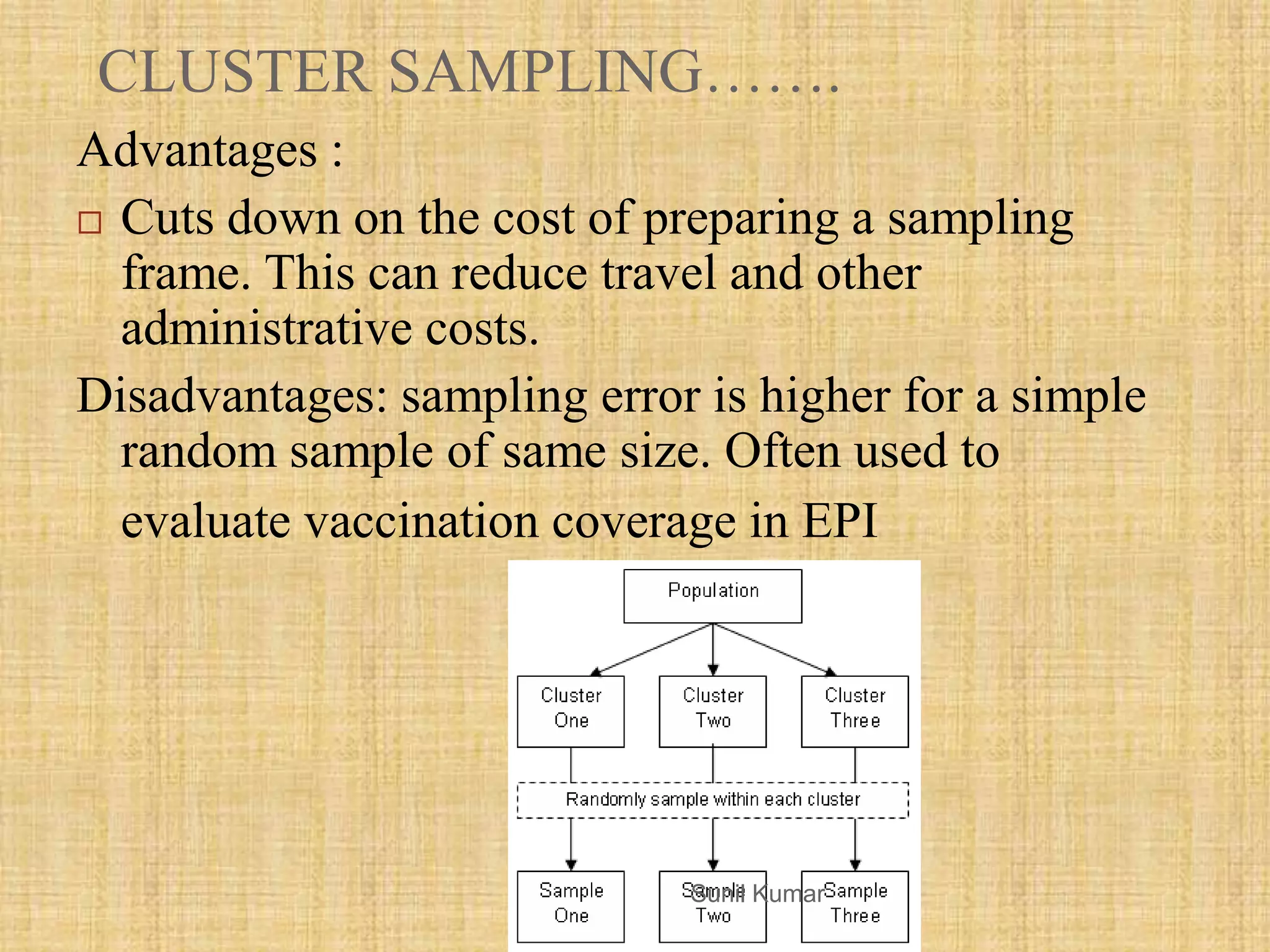 CLUSTER SAMPLING…….
Advantages :
 Cuts down on the cost of preparing a sampling
frame. This can reduce travel and other
administrative costs.
Disadvantages: sampling error is higher for a simple
random sample of same size. Often used to
evaluate vaccination coverage in EPI
Sunil Kumar
 