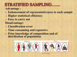 STRATIFIED SAMPLING……
Advantage :
 Enhancement of representativeness to each sample
 Higher statistical efficiency
 Eas...