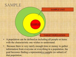 SAMPLE
TARGET POPULATION
SAMPLE UNIT
SAMPLE
Sunil Kumar
• A population can be defined as including all people or items
wit...