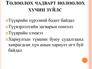 ТӨЛӨӨЛӨХ ЧАДВАРТ НӨЛӨӨЛӨХ
ХҮЧИН ЗҮЙЛС
Түүврийн хүрээний бодит байдал
Түүвэрлэлтийн загварын сонголт
Түүврийн хэмжээ
Хариултын түвшин буюу судалгаанд
хамрагдсан хүн амын хариулт өгч буй
байдал
 