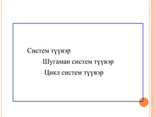 Систем түүвэр
-Шугаман систем түүвэр
- Цикл систем түүвэр
 