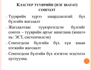 КЛАСТЕР ТҮҮВРИЙН (НЭГ ШАТАТ)
СОНГОЛТ
o Түүврийн хүрээ шаардлагатай: бүх
бүлгийн жагсаалт
o Жагсаалтаас түүвэрлэгдсэн бүлгийг
сонгох – түүврийн аргыг ашиглана (жишээ
нь: ЭСТ, системчилсэн)
o Сонгогдсон бүлгийн бүх хүн амын
нэгжийн жагсаалт
o Сонгогдсон бүлгийн бүх нэгжээс мэдээлэл
цуглуулна.
 