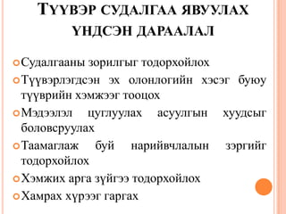 ТҮҮВЭР СУДАЛГАА ЯВУУЛАХ
ҮНДСЭН ДАРААЛАЛ
Судалгааны зорилгыг тодорхойлох
Түүвэрлэгдсэн эх олонлогийн хэсэг буюу
түүврийн хэмжээг тооцох
Мэдээлэл цуглуулах асуулгын хуудсыг
боловсруулах
Таамаглаж буй нарийвчлалын зэргийг
тодорхойлох
Хэмжих арга зүйгээ тодорхойлох
Хамрах хүрээг гаргах
 