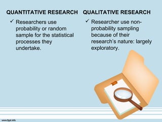 QUANTITATIVE RESEARCH
 Researchers use
probability or random
sample for the statistical
processes they
undertake.
QUALITATIVE RESEARCH
 Researcher use non-
probability sampling
because of their
research’s nature: largely
exploratory.
 