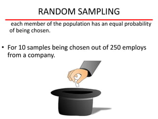 RANDOM SAMPLING
each member of the population has an equal probability
of being chosen.
• For 10 samples being chosen out of 250 employs
from a company.
 