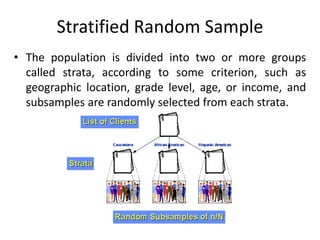Stratified Random Sample
• The population is divided into two or more groups
called strata, according to some criterion, such as
geographic location, grade level, age, or income, and
subsamples are randomly selected from each strata.
 