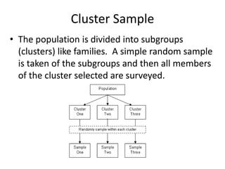 Cluster Sample
• The population is divided into subgroups
(clusters) like families. A simple random sample
is taken of the subgroups and then all members
of the cluster selected are surveyed.
 