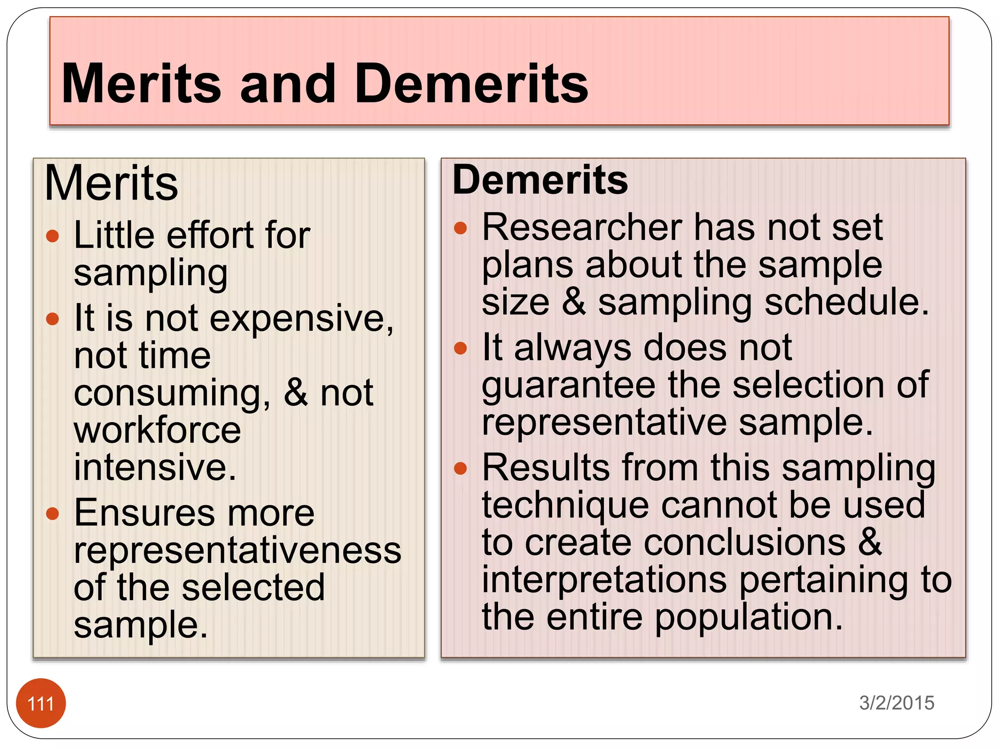 Merits and Demerits
3/2/2015111
Merits
 Little effort for
sampling
 It is not expensive,
not time
consuming, & not
workforce
intensive.
 Ensures more
representativeness
of the selected
sample.
Demerits
 Researcher has not set
plans about the sample
size & sampling schedule.
 It always does not
guarantee the selection of
representative sample.
 Results from this sampling
technique cannot be used
to create conclusions &
interpretations pertaining to
the entire population.
 