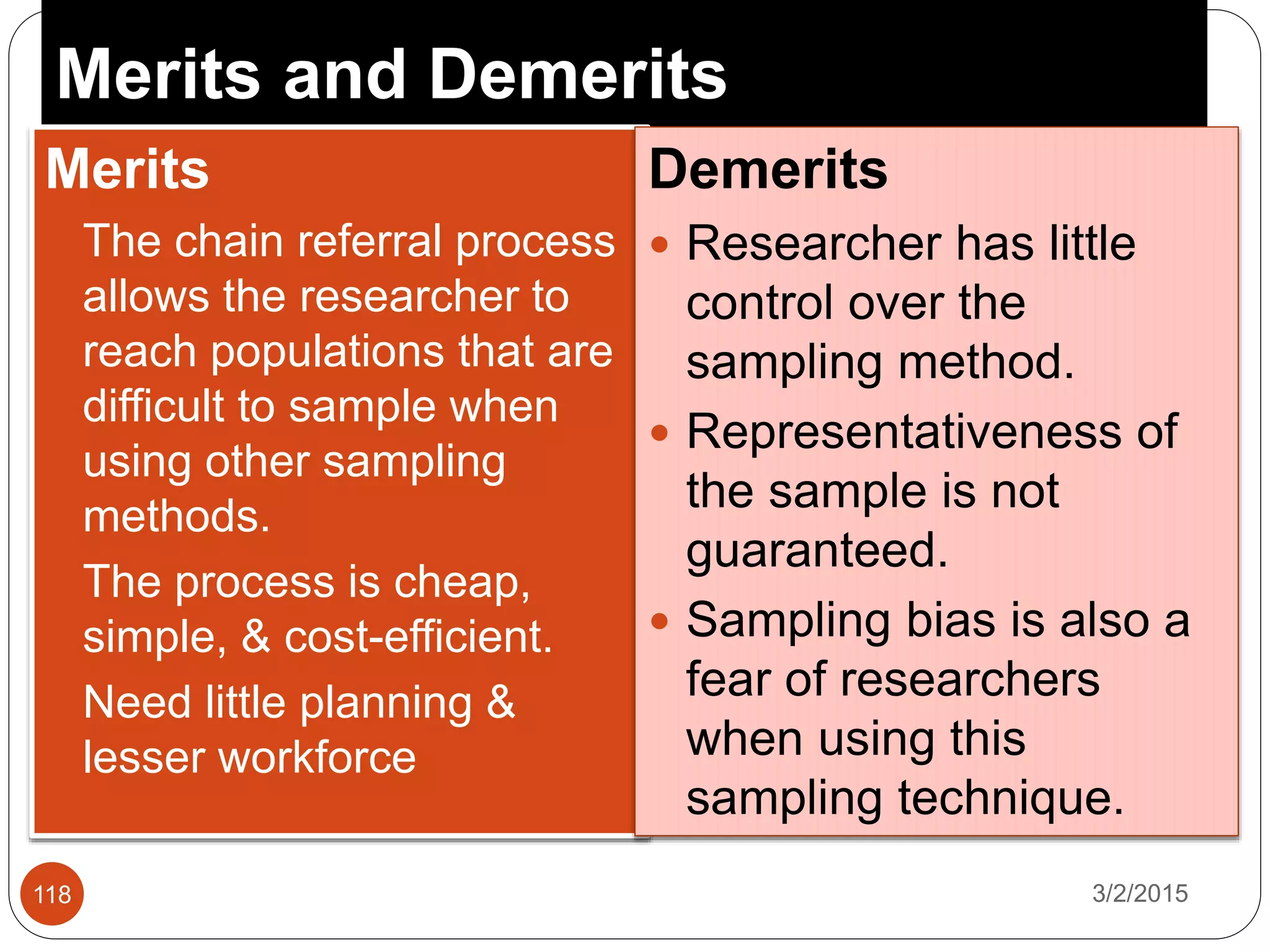 Merits and Demerits
3/2/2015118
Merits
 The chain referral process
allows the researcher to
reach populations that are
difficult to sample when
using other sampling
methods.
 The process is cheap,
simple, & cost-efficient.
 Need little planning &
lesser workforce
Demerits
 Researcher has little
control over the
sampling method.
 Representativeness of
the sample is not
guaranteed.
 Sampling bias is also a
fear of researchers
when using this
sampling technique.
 