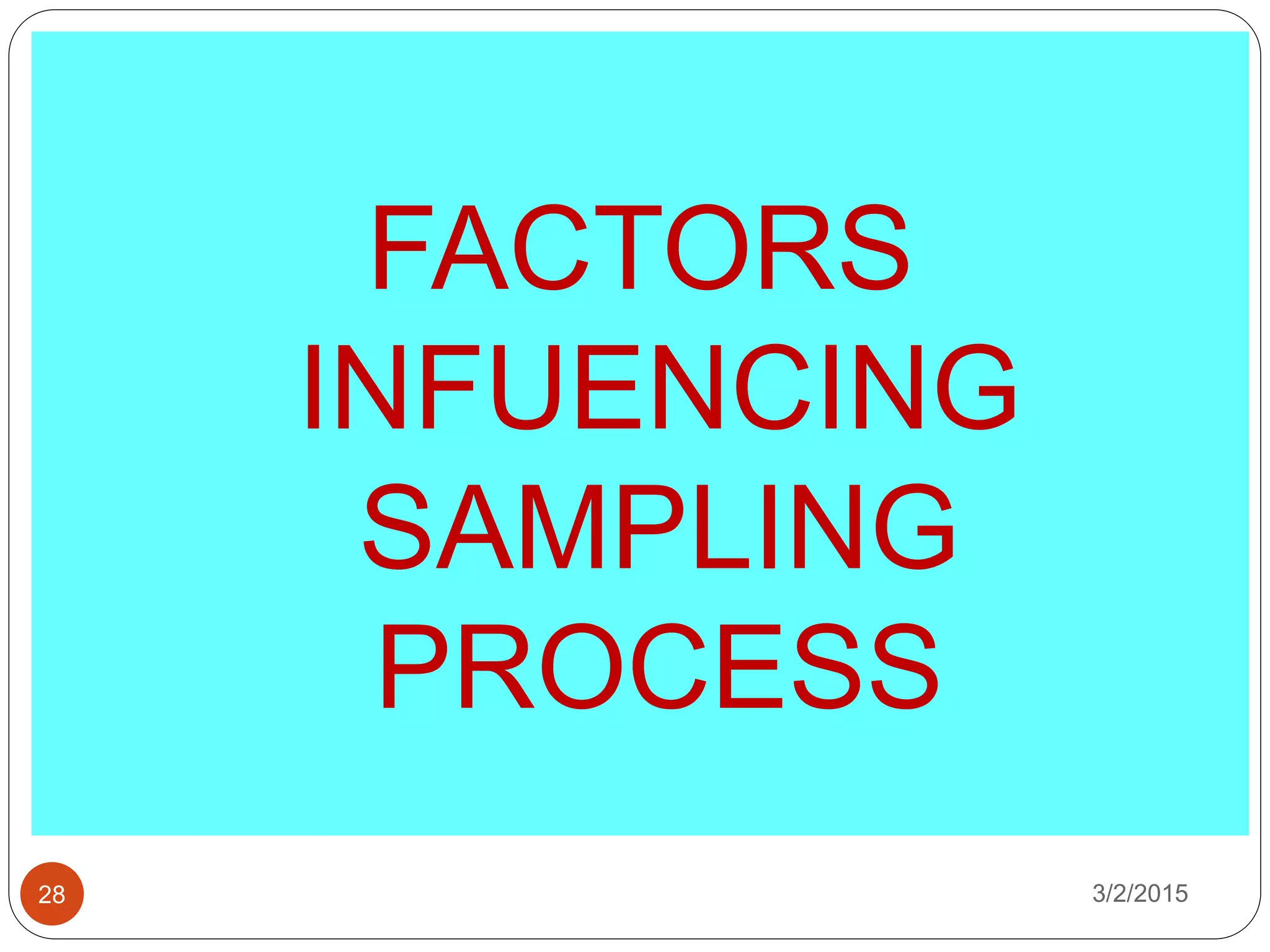 3/2/201528
FACTORS
INFUENCING
SAMPLING
PROCESS
 