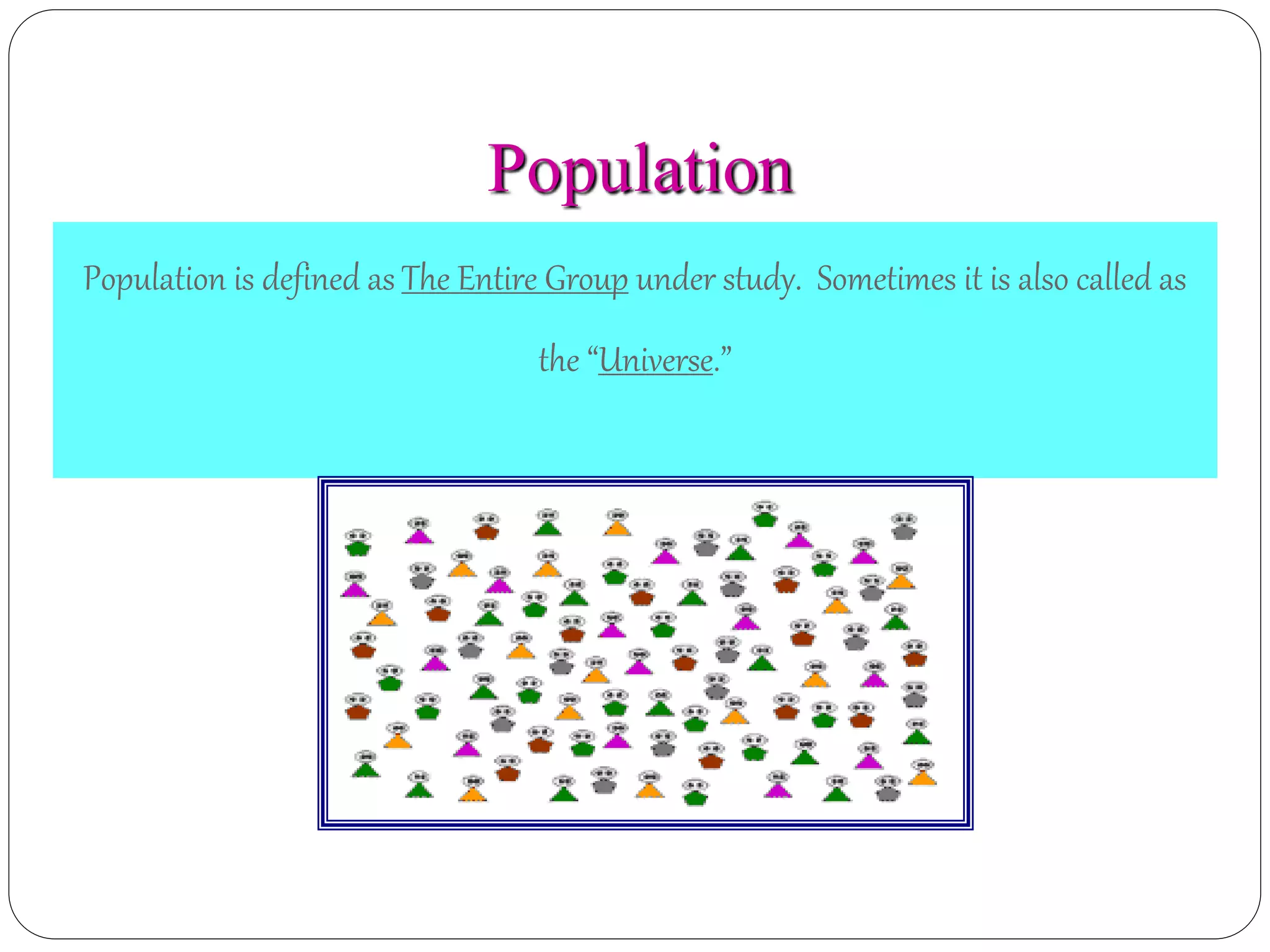 Population is defined as The Entire Group under study. Sometimes it is also called as
the “Universe.”
Population
 