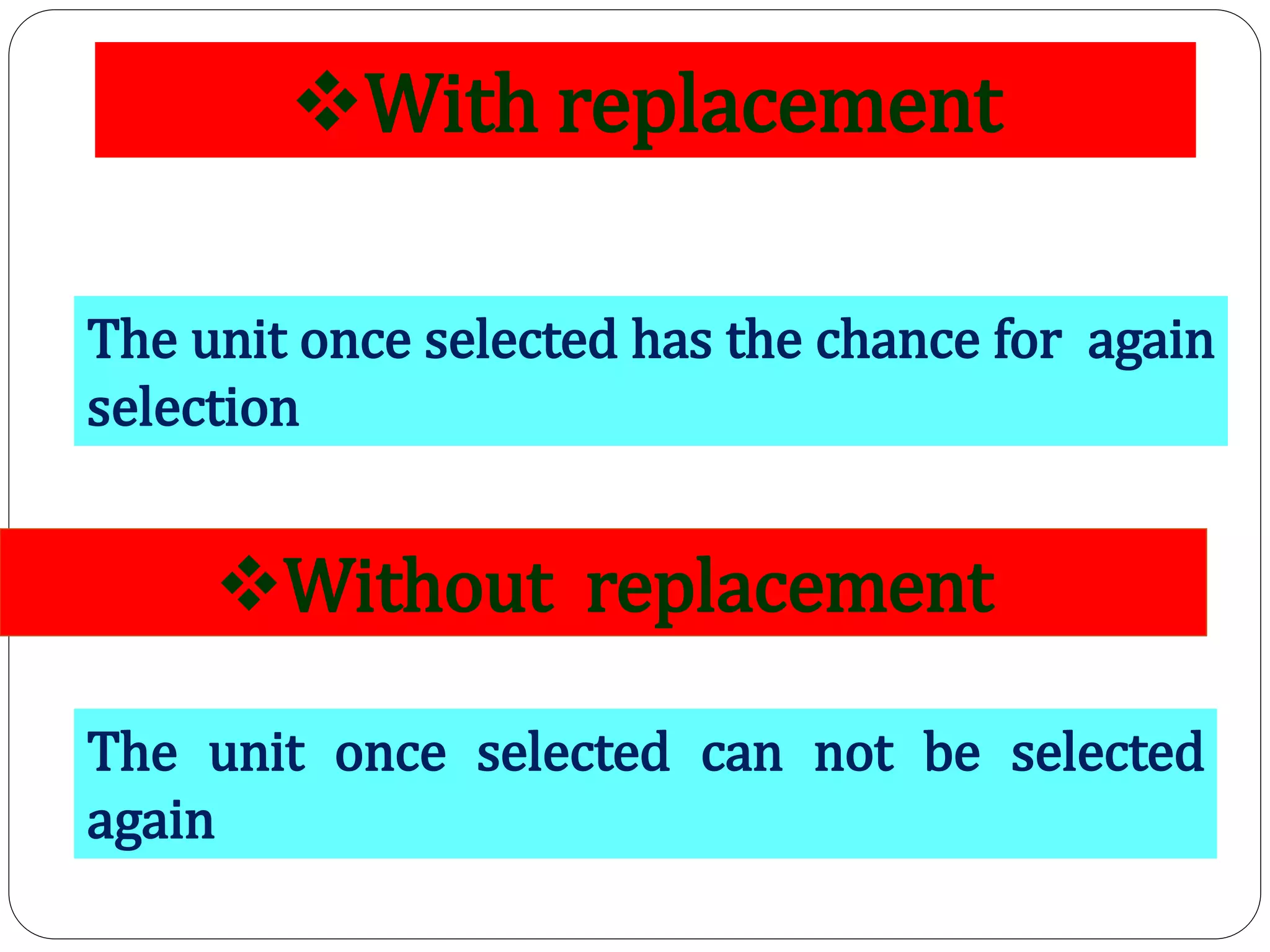 With replacement
The unit once selected has the chance for again
selection
Without replacement
The unit once selected can not be selected
again
 