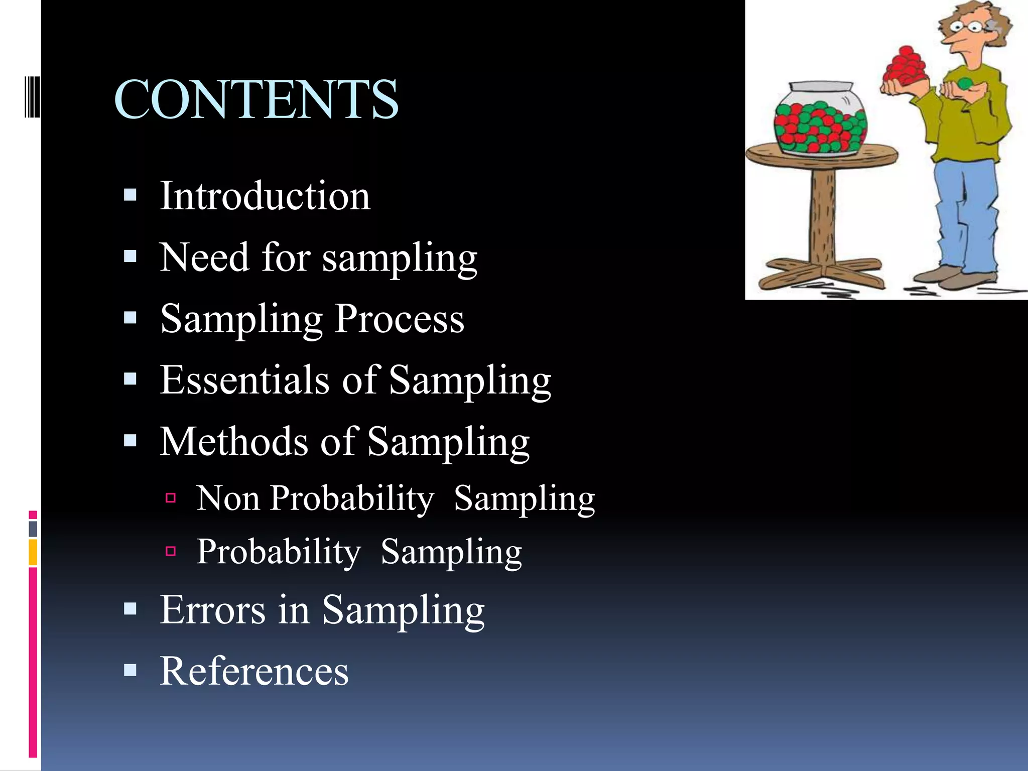 CONTENTS
 Introduction
 Need for sampling
 Sampling Process
 Essentials of Sampling
 Methods of Sampling
 Non Probability Sampling
 Probability Sampling
 Errors in Sampling
 References
 
