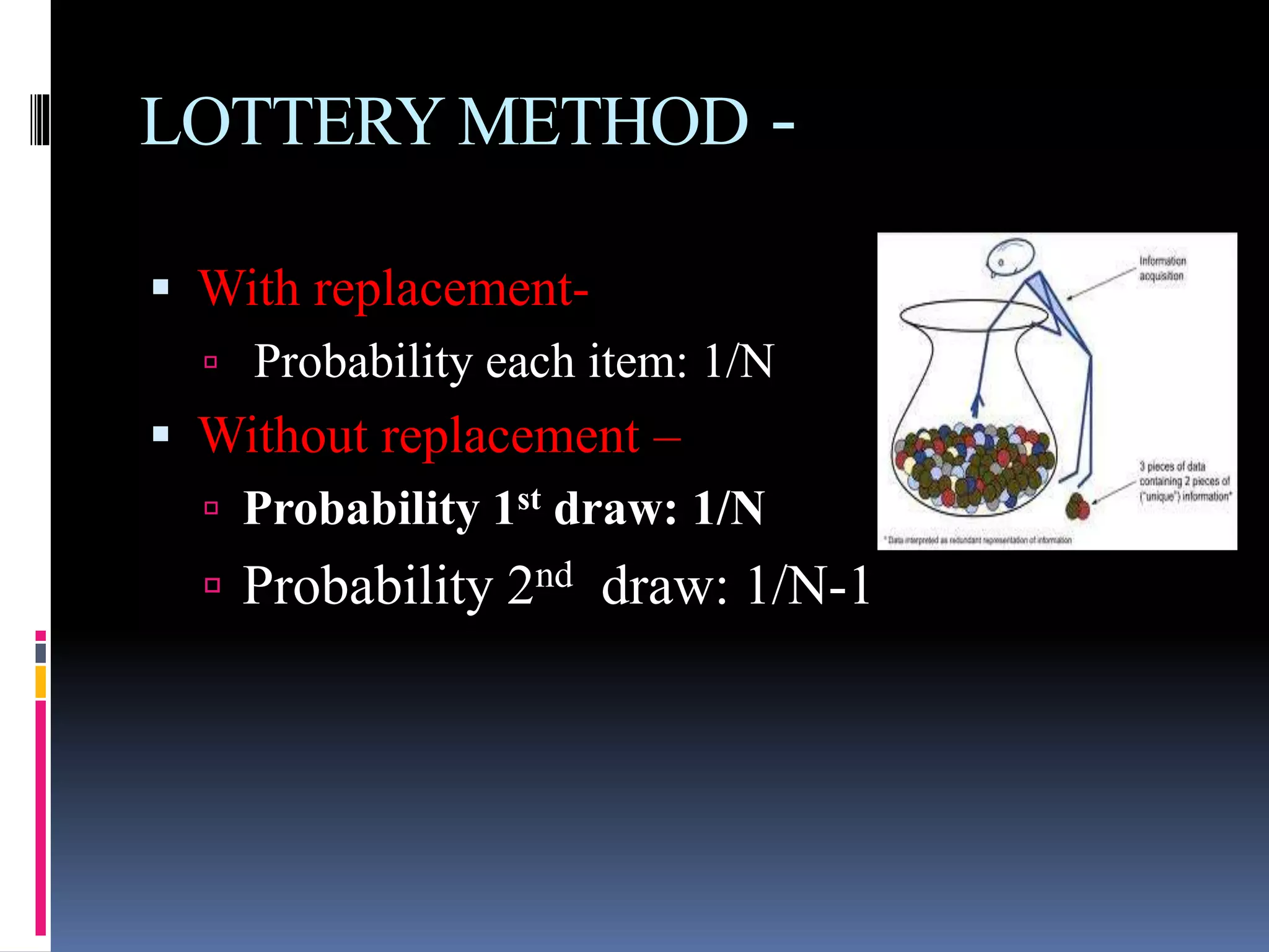 LOTTERY METHOD -
 With replacement-
 Probability each item: 1/N
 Without replacement –
 Probability 1st draw: 1/N
 Probability 2nd draw: 1/N-1
 