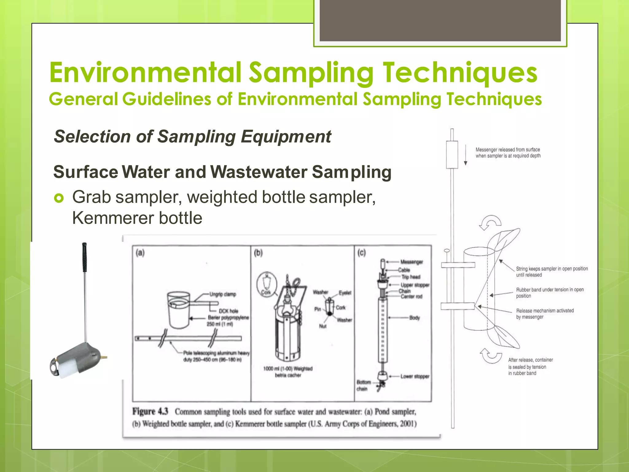 Environmental Sampling Techniques
General Guidelines of Environmental Sampling Techniques
Selection of Sampling Equipment
Surface Water and Wastewater Sampling
 Grab sampler, weighted bottle sampler,
Kemmerer bottle
 