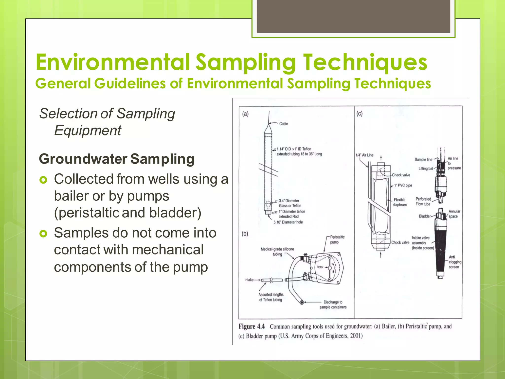 Environmental Sampling Techniques
General Guidelines of Environmental Sampling Techniques
Selection of Sampling
Equipment
Groundwater Sampling
 Collected from wells using a
bailer or by pumps
(peristaltic and bladder)
 Samples do not come into
contact with mechanical
components of the pump
 