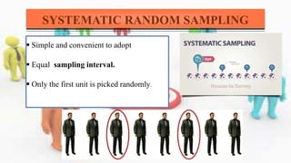SYSTEMATIC RANDOM SAMPLING
 Simple and convenient to adopt
 Equal sampling interval.
 Only the first unit is picked randomly.
 