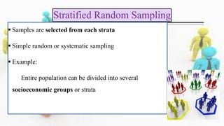  Samples are selected from each strata
 Simple random or systematic sampling
 Example:
Entire population can be divided into several
socioeconomic groups or strata
Stratified Random Sampling
 