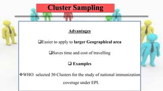 Advantages
Easier to apply to larger Geographical area
Saves time and cost of travelling
 Examples
WHO selected 30 Clusters for the study of national immunization
coverage under EPI.
Cluster Sampling
 